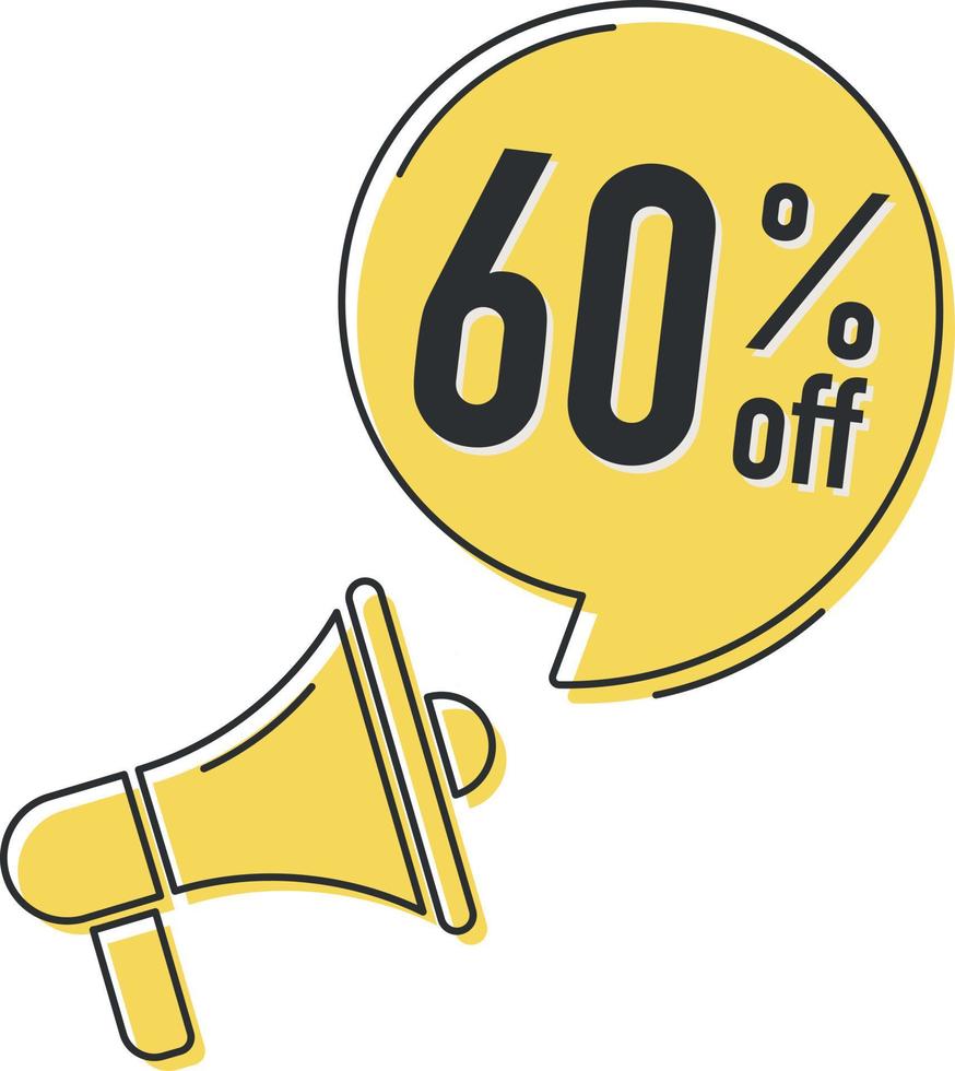 60 percent off. Megaphone and colorful yellow speech bubble with quote. Blog management, blogging and writing for website. Concept poster for social networks, advertising, banner vector