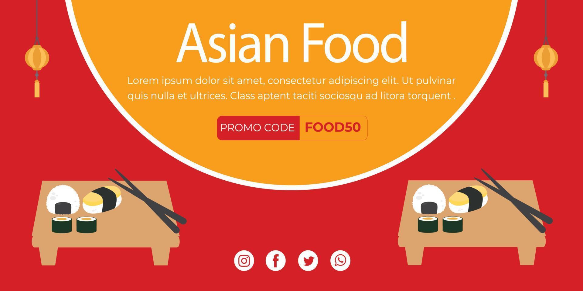 plantilla de página de inicio de comida asiática, ilustración de vector de fondo de comida. cartel de comida asiática
