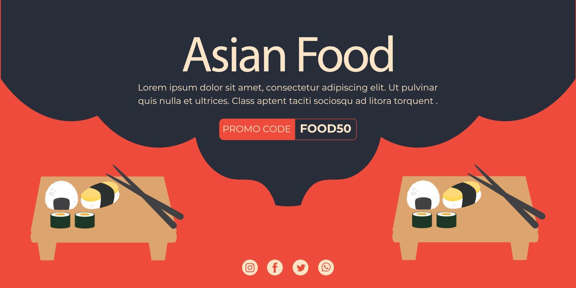 plantilla de página de inicio de comida asiática, ilustración de vector de fondo de comida. cartel de comida asiática