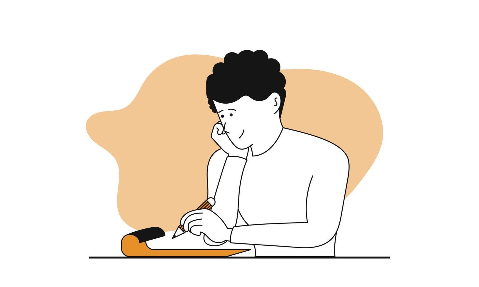Man learning vector concept illustration. Online education and student study. Character and internet knowledge. Studying on book and male training. Course information and lesson on textbook