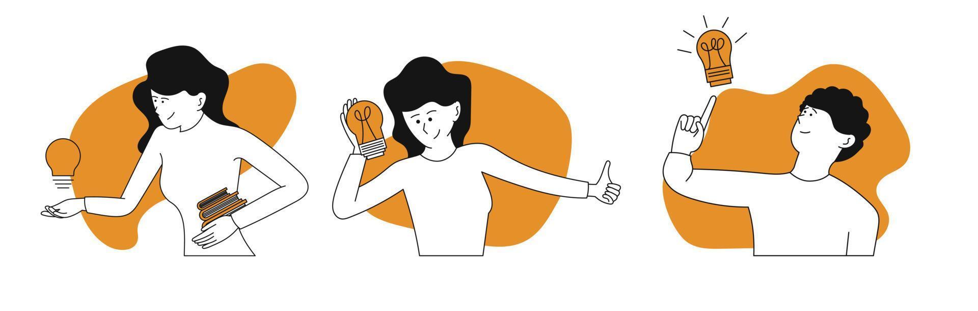 People holding lightbulb vector concept illustration. Innovation idea with creative person. Business character creativity and success inspiration. Human solution and smart education for professional
