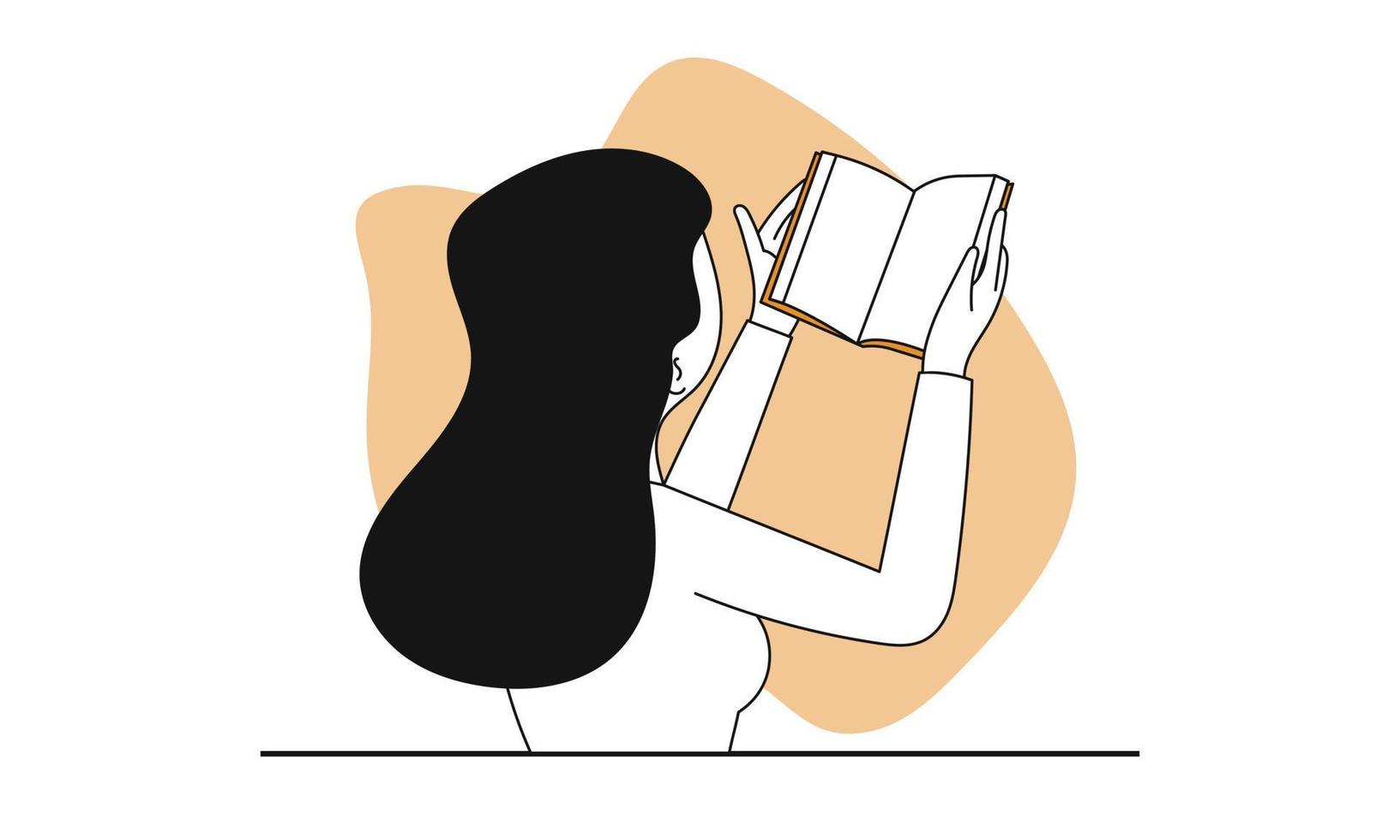 Woman reading book vector concept illustration. Education character and student study. Knowledge with literature and female hobby learning. Smart information and educational literary. Clever adult