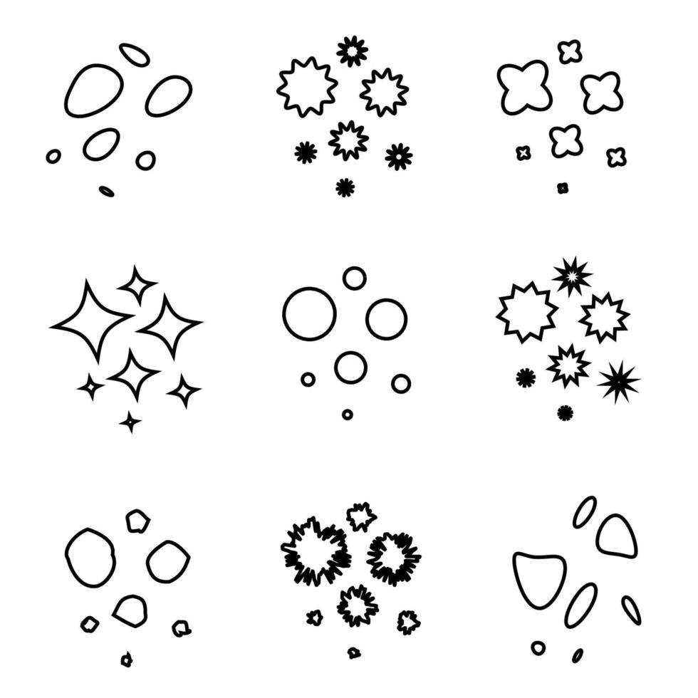 conjunto de estrellas, engranajes, círculos asimétricos y puntos. dibujo lineal de estrellas de diferentes tamaños. ilustración de contorno vectorial, estilo de fideos. cúmulos estelares y espaciales. vector