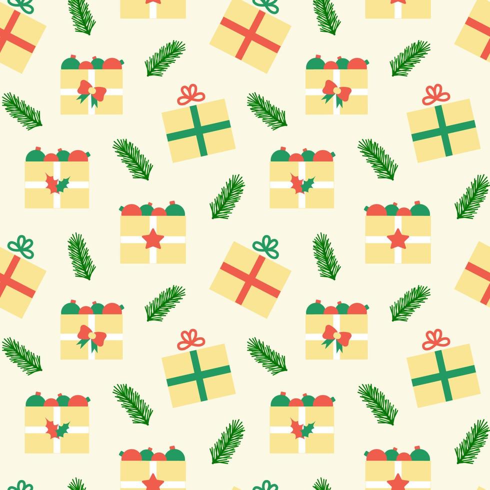 New Year seamless pattern with holiday gifts and boxes. Vector illustration. Packaging paper and textile Christmas design.