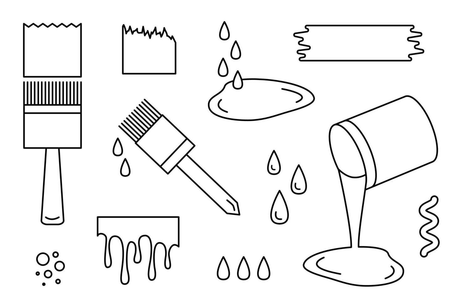 Samples of paint, drips, puddles and drops. Vector illustration, outline icons. Linear drawing of paint brushes and can of paint.