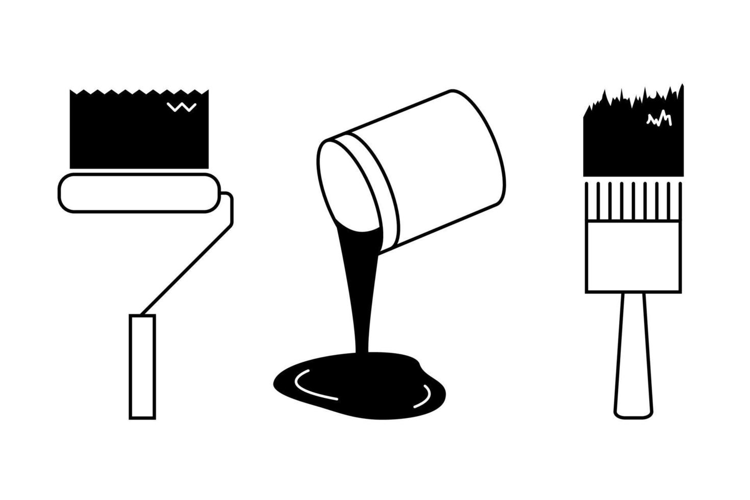 Painting tools. Set of outline icons. Vector illustration. Linear drawing of painting brush and roller and can with spilling paint.