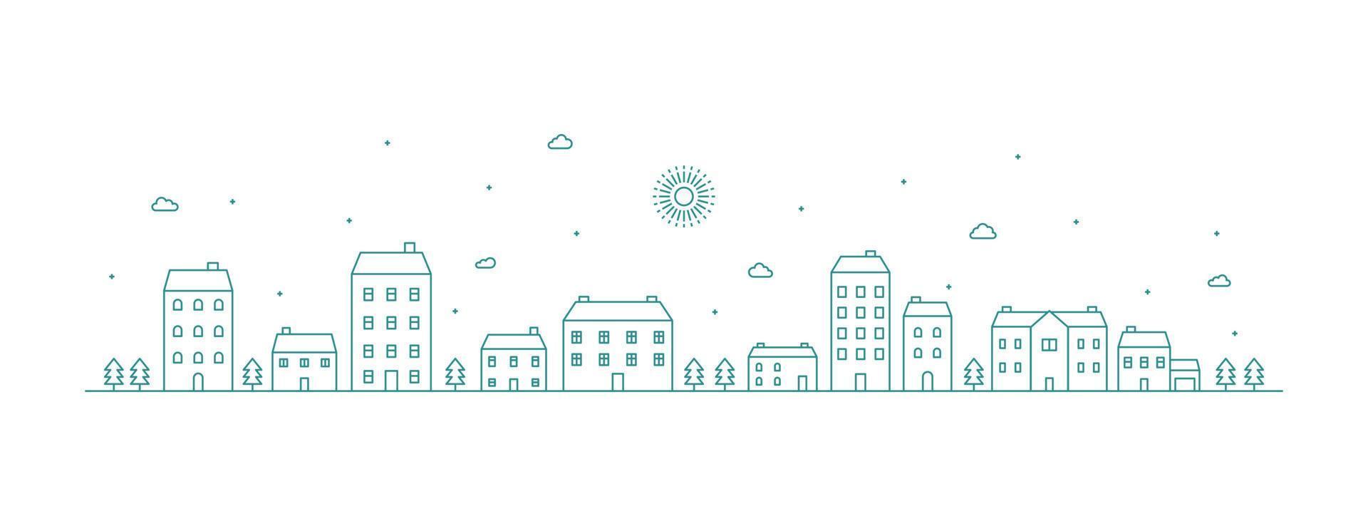 Cityscape line art illustration. Urban landscape in monochrome line art style. Vector illustration.