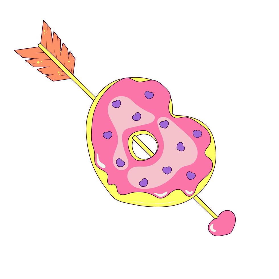donut en glaseado de fresa en forma de corazón flecha de cupido donut perforado vector
