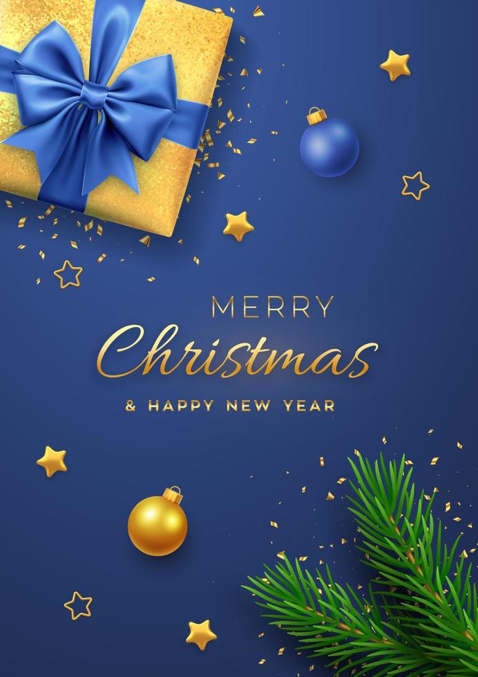 Christmas banner. Realistic gold gift box with blue bow, pine branches, golden stars and glitter confetti, balls bauble. Xmas background, cover, poster, greeting cards, headers website. Vector. vector