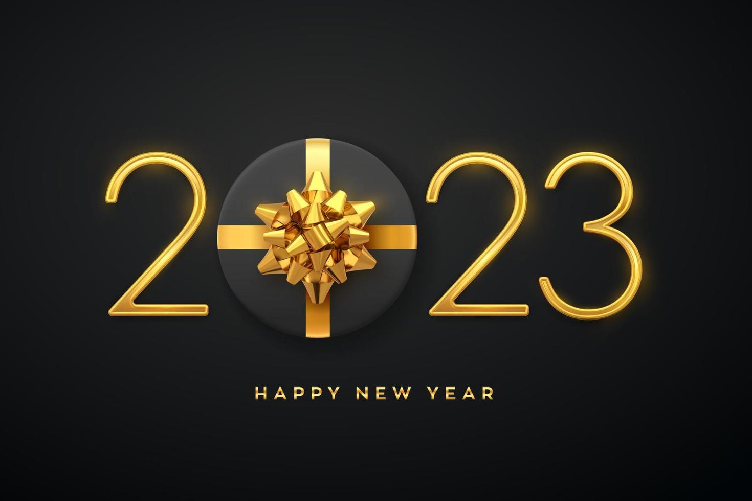 Happy New 2023 Year. Golden metallic luxury numbers 2023 with gift box with golden bow on black background. Realistic sign for greeting card. Festive poster or holiday banner. Vector illustration.