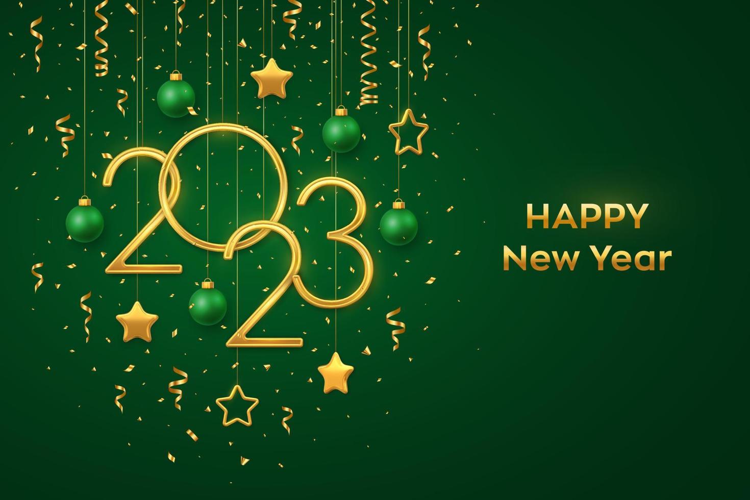 Happy New 2023 Year. Hanging Golden metallic numbers 2023 with shining 3D metallic stars, balls, confetti on green background. New Year greeting card, banner template. Realistic Vector illustration.