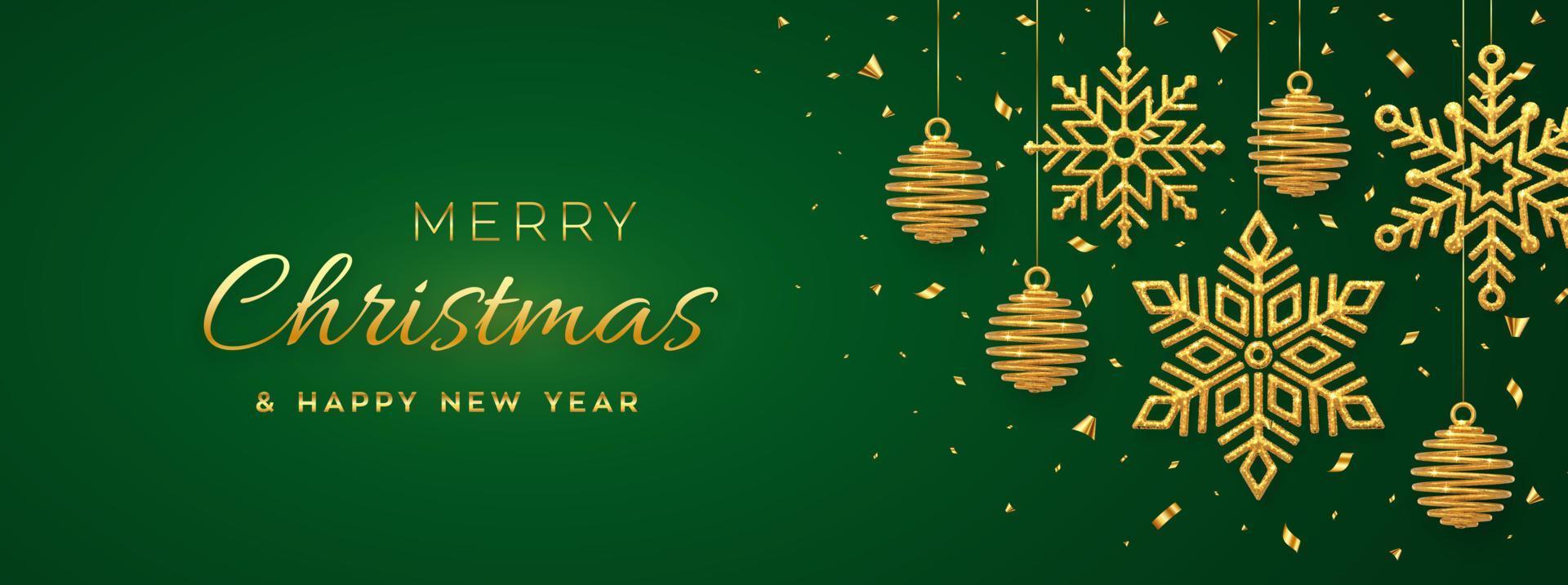 Christmas green background with hanging shining golden snowflakes and balls. Merry christmas greeting card. Holiday Xmas and New Year poster, web banner. Vector Illustration.