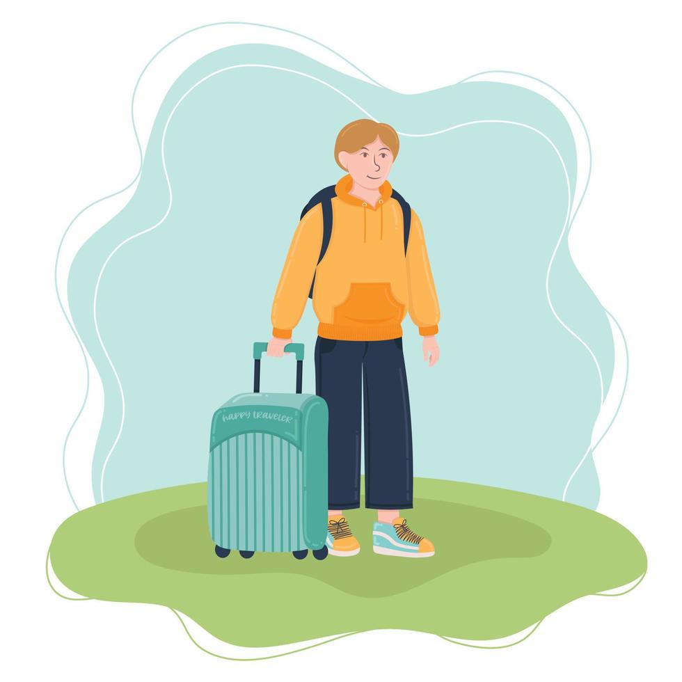 Doodle flat clipart. Traveler with a suitcase on a simple background. All objects are repainted. vector