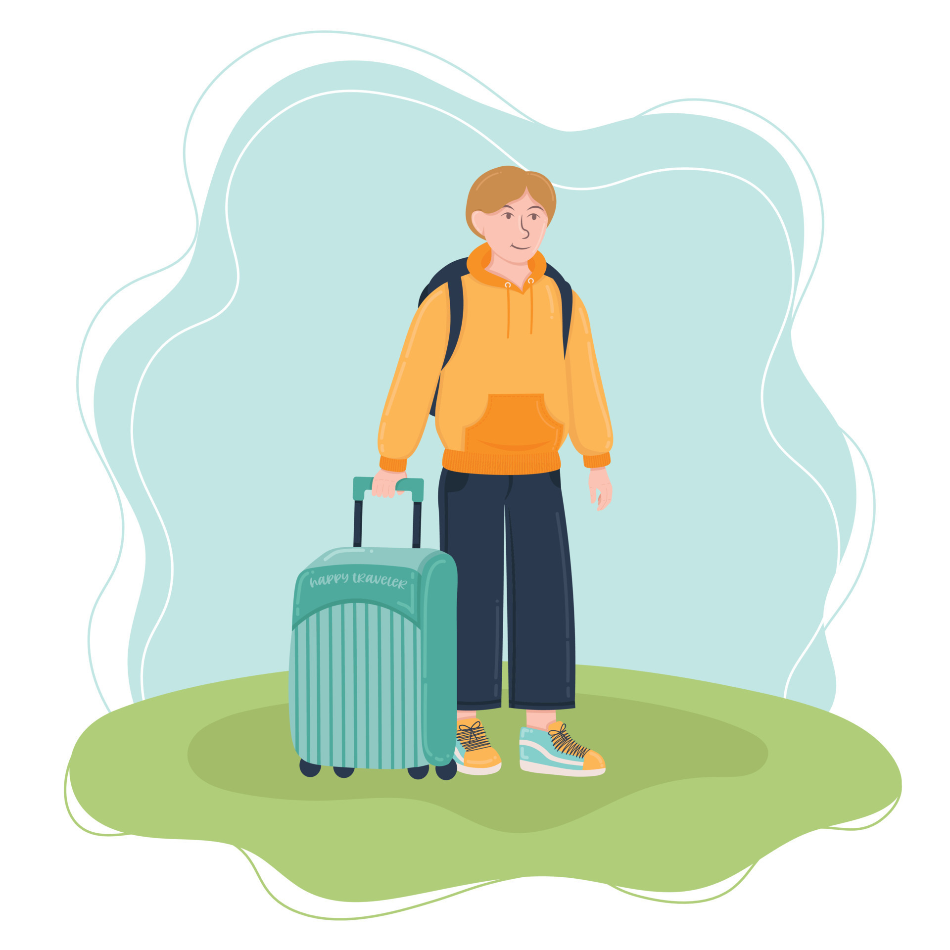 Doodle flat clipart. Traveler with a suitcase on a simple background