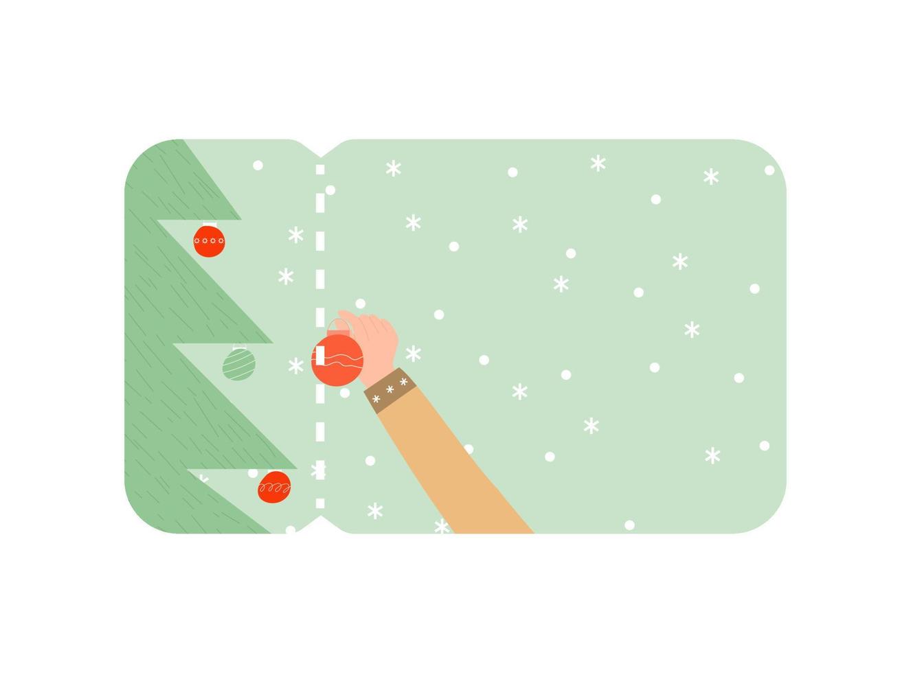 un hombre cuelga una decoración en un árbol de navidad. maqueta de bono de vacaciones vector