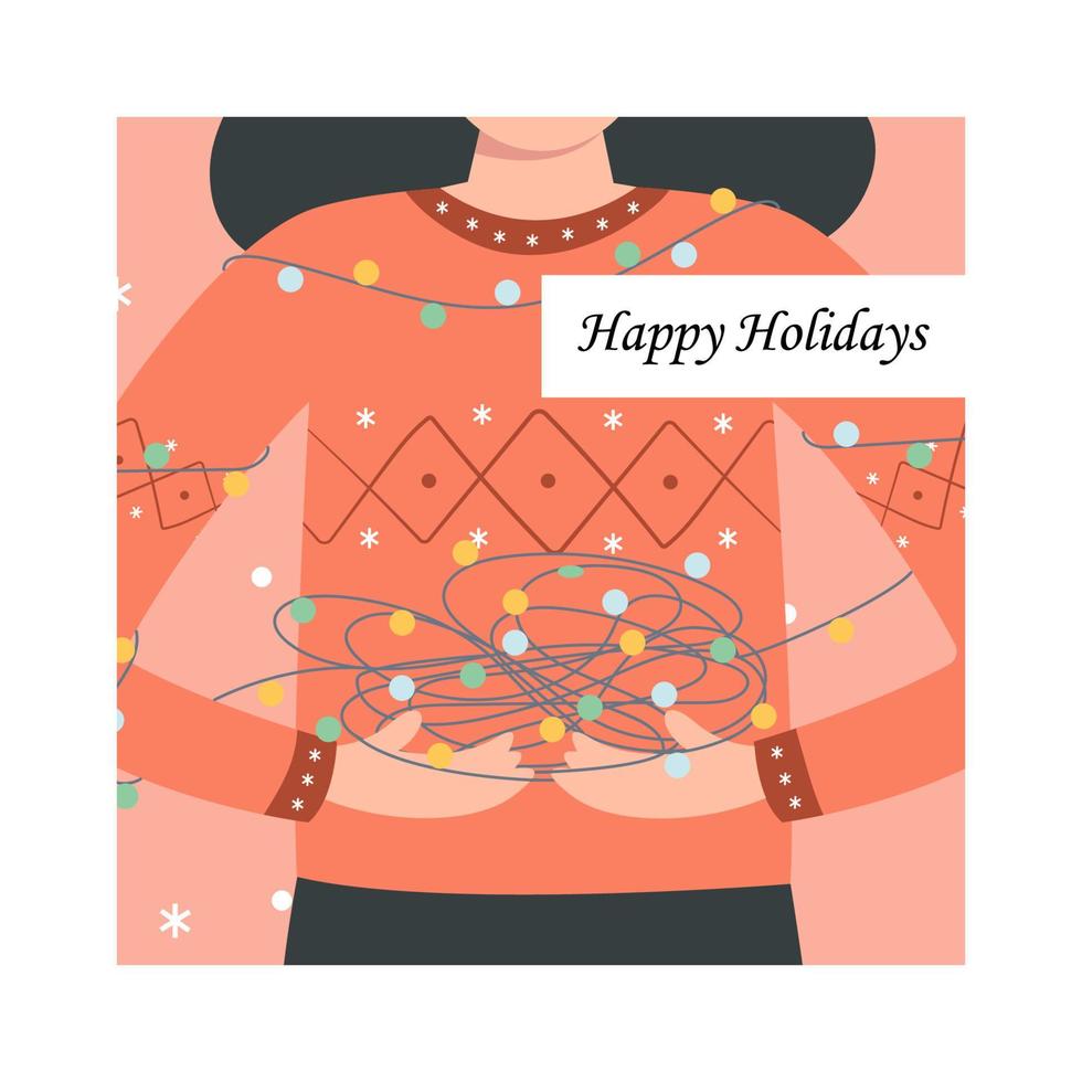 Merry Christmas and a happy new year. Greeting card or poster. Design template with a girl holding lights. For the Internet, social networks, print vector