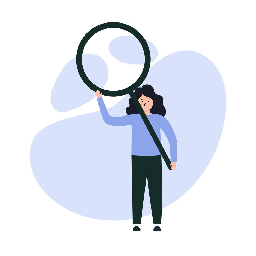 Job search, unemployment or search for new personnel. A girl with a magnifying glass in her hands vector