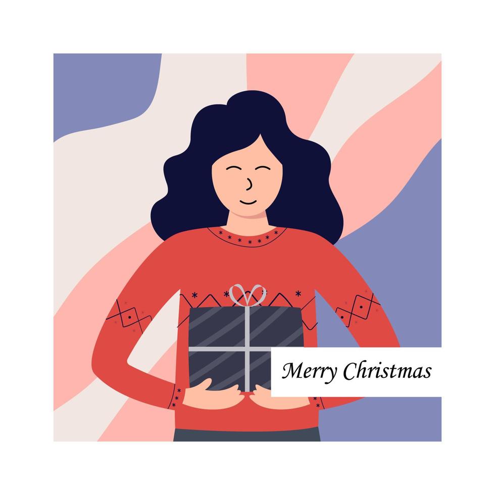 Merry Christmas and a happy new year. Greeting card or poster. Design template with a girl holding a gift. For the Internet, social networks, print vector