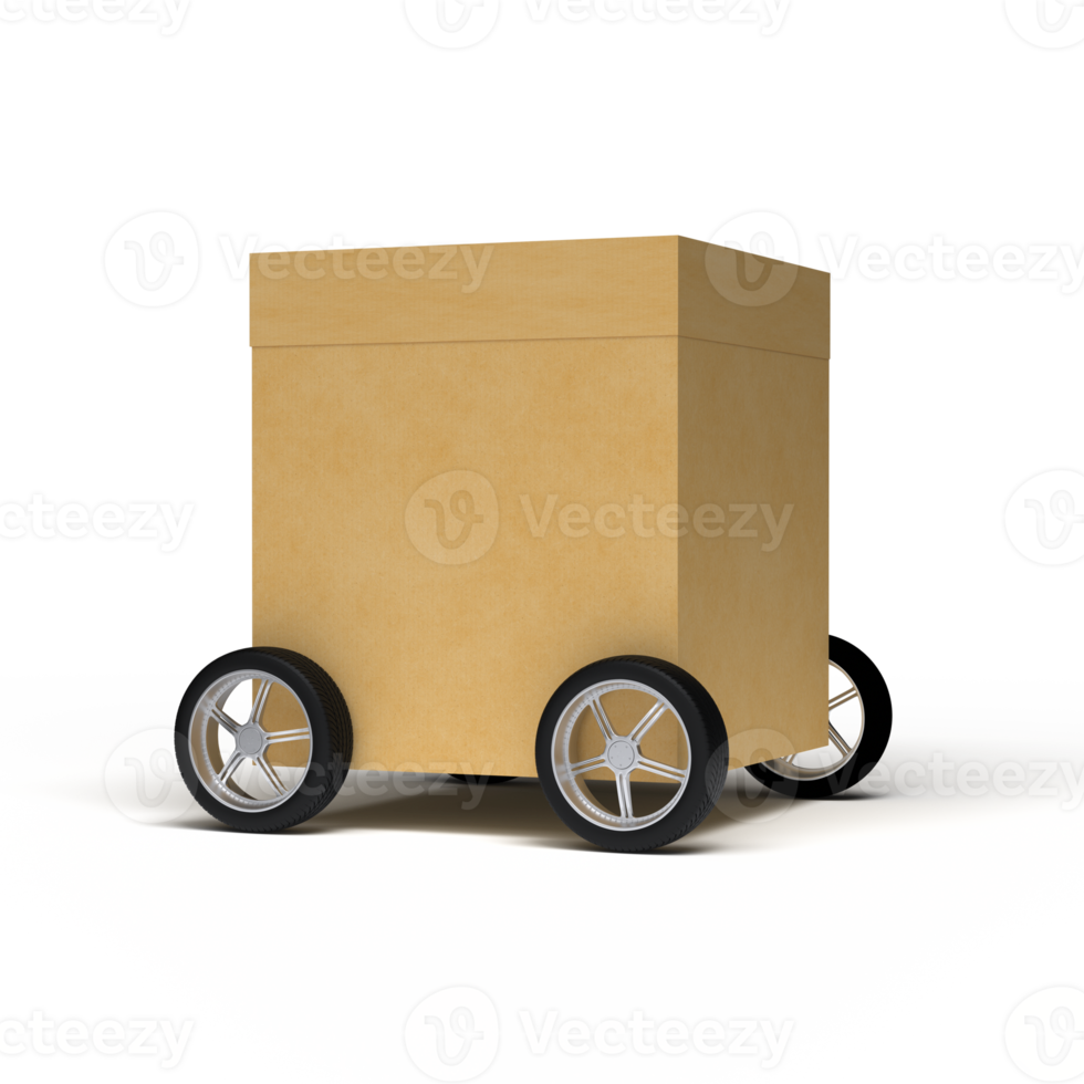 Cardboard box on wheels. 3D rendering png