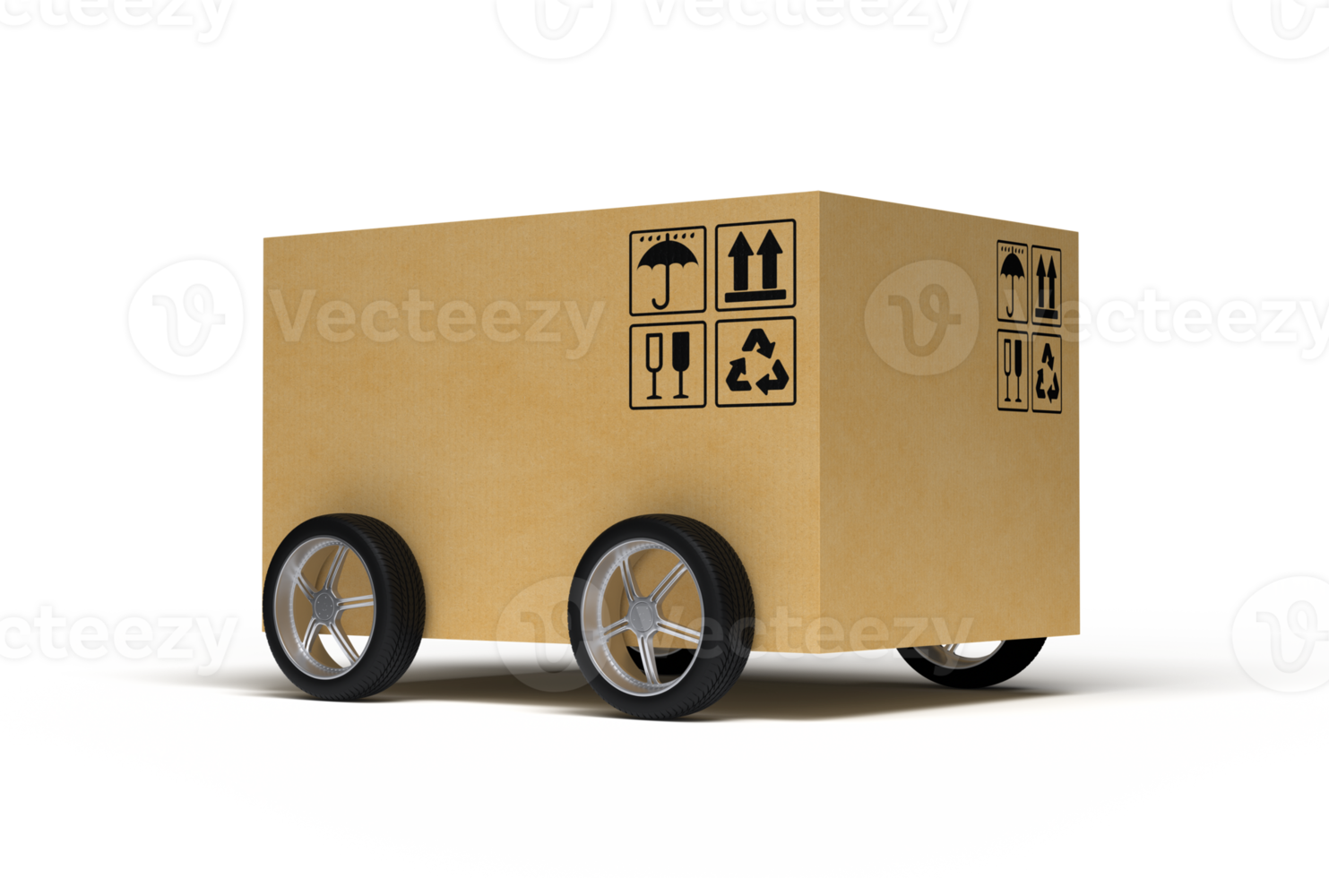 Cardboard box on wheels. 3D rendering png