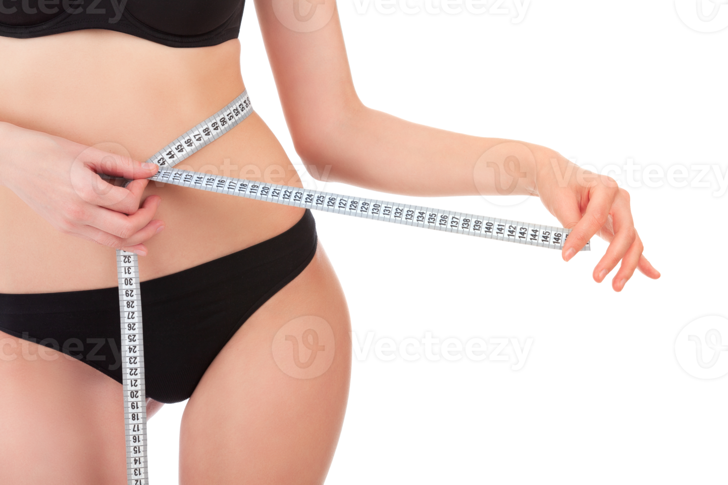 Slender woman measuring her waist with metric tape measure after a diet, isolated png
