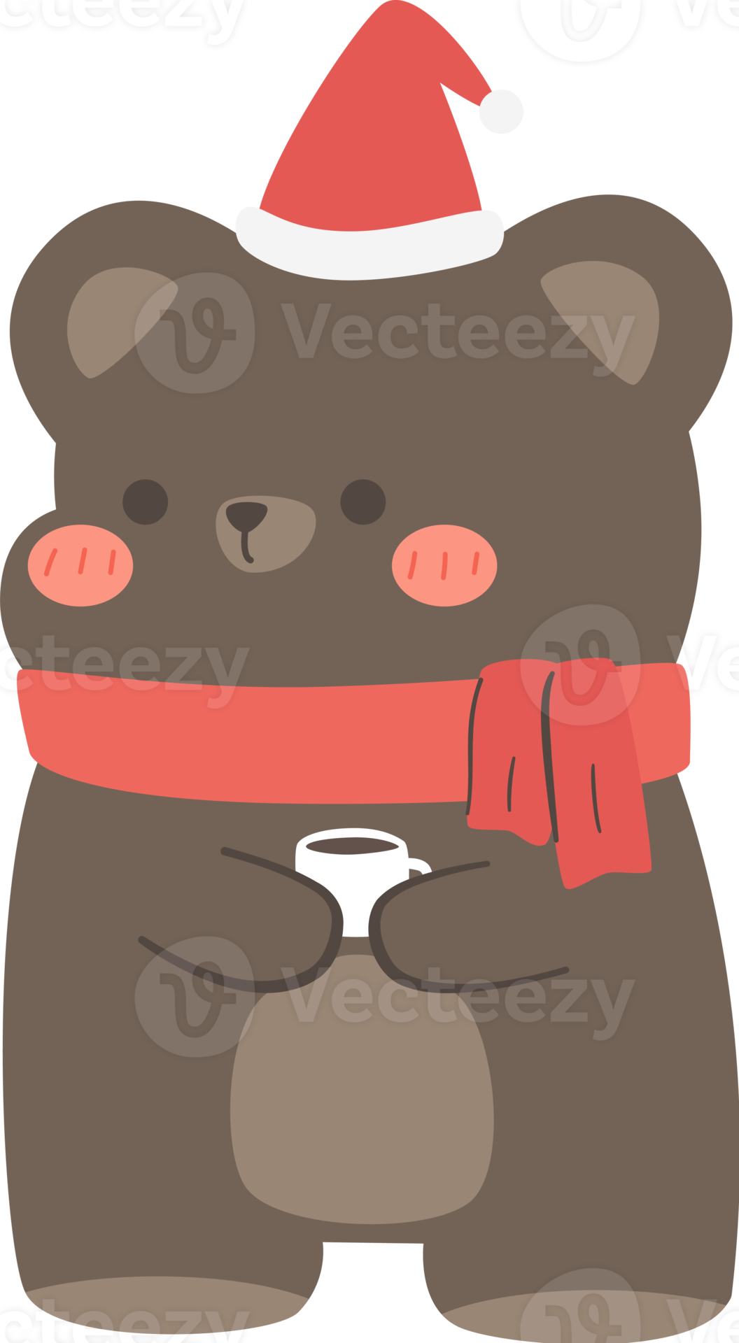 bear wears santa hat and red scarf flat style cartoon illustration