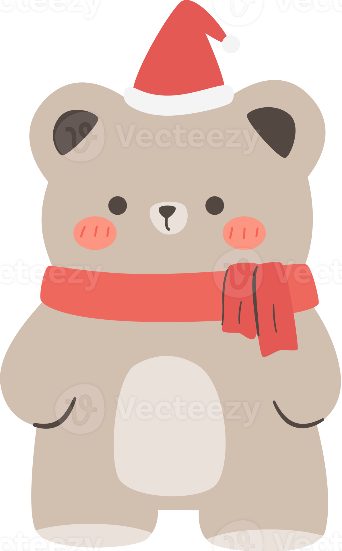 bear wears santa hat and red scarf flat style cartoon illustration