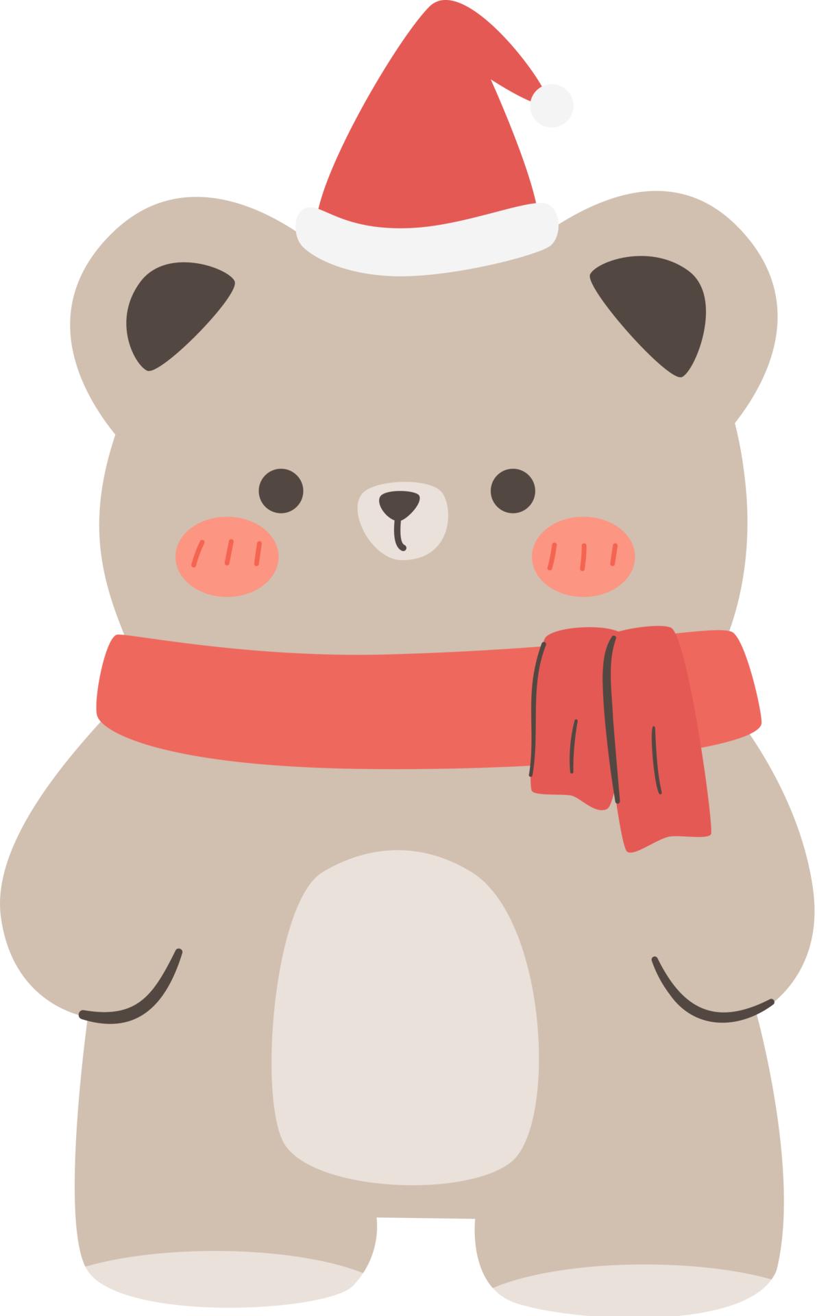 bear wears santa hat and red scarf flat style cartoon illustration