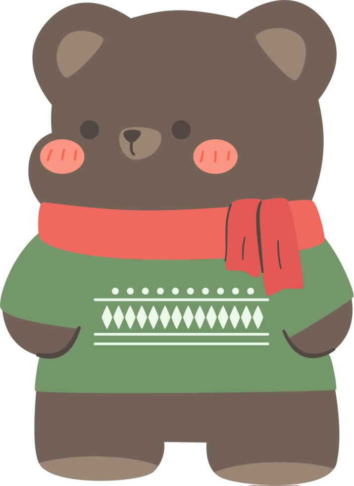 bear wears red scarf and sweater flat style cartoon illustration png