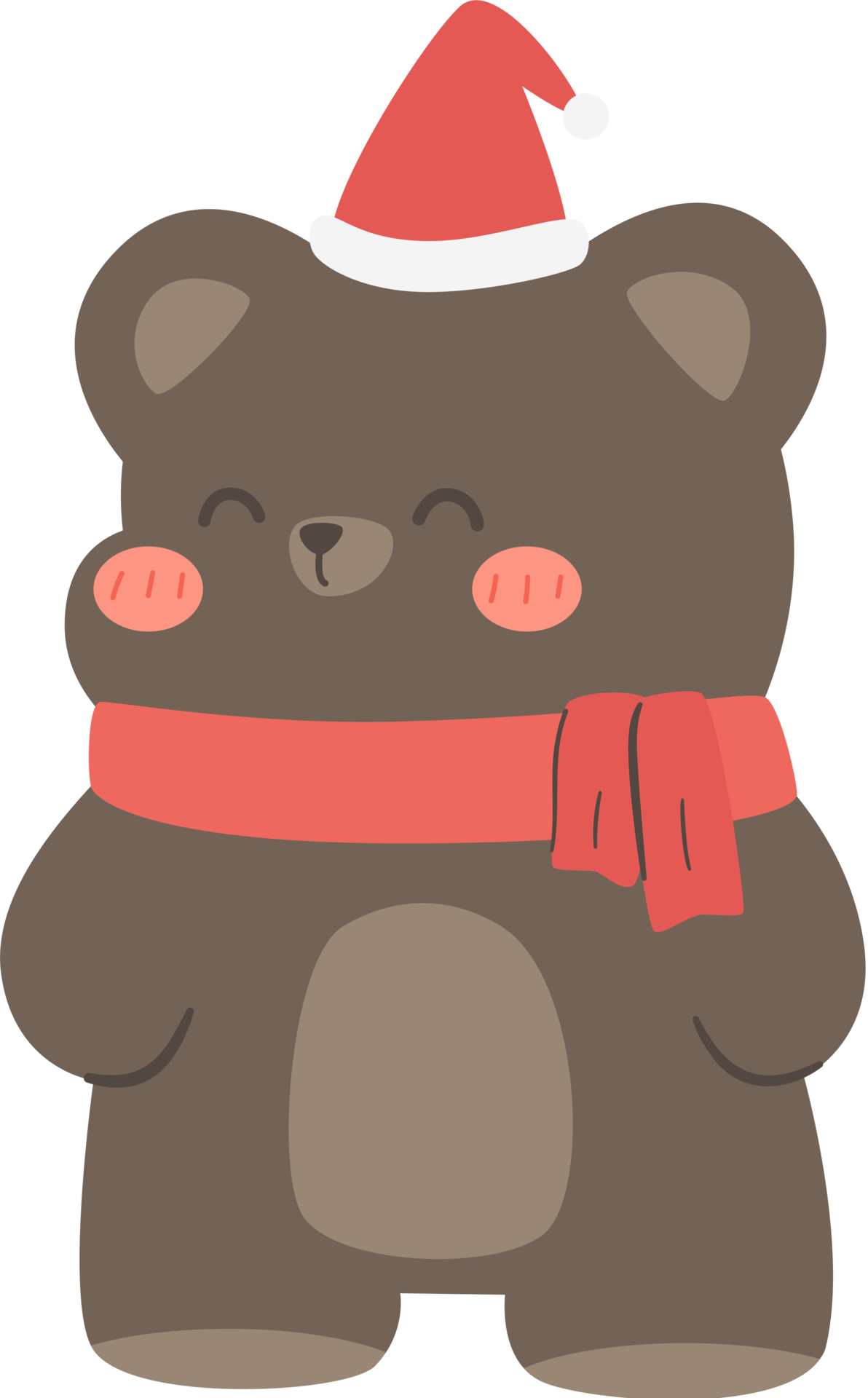 Free bear wears santa hat and red scarf flat style cartoon illustration