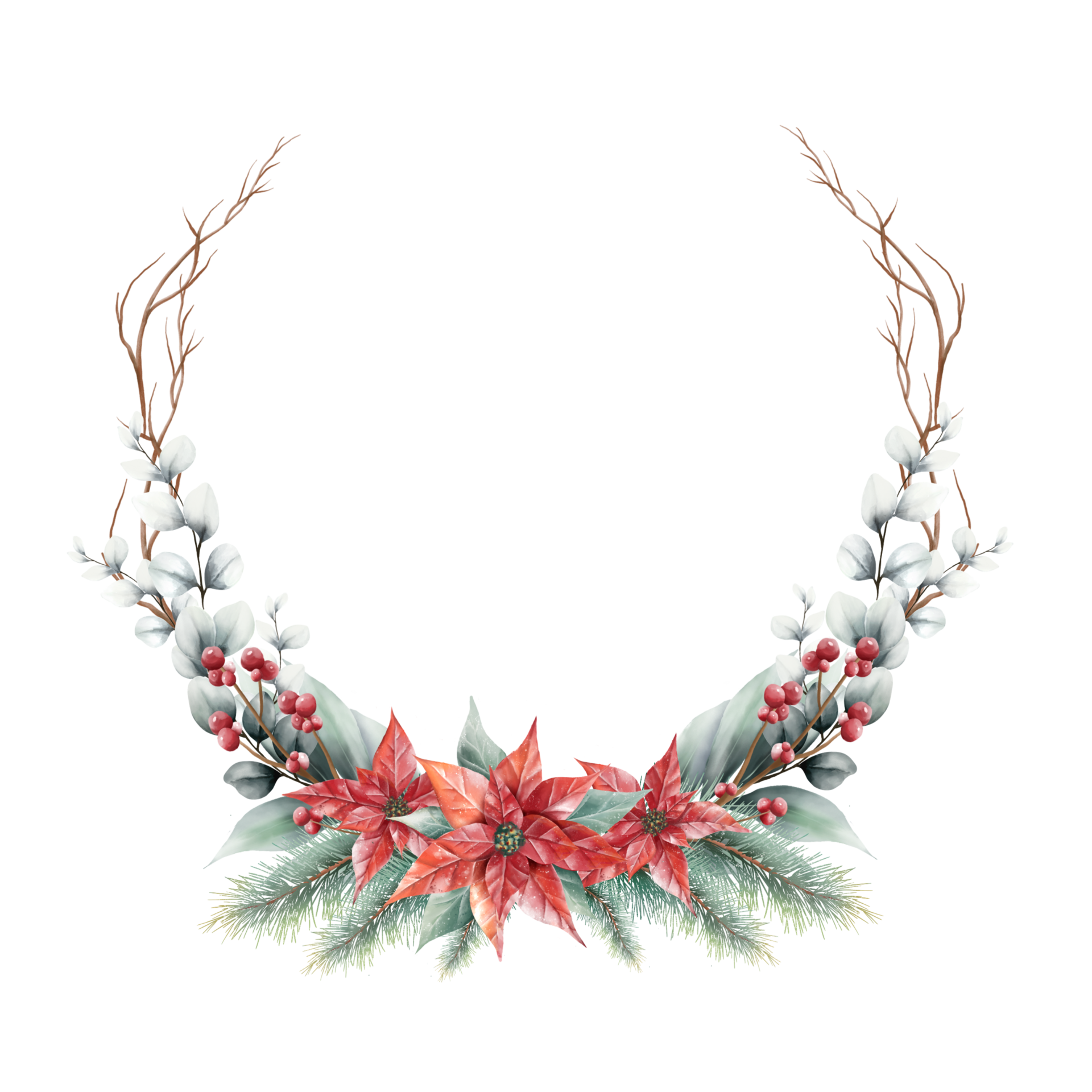 Watercolor Christmas floral frame or winter floral wreath consisting of