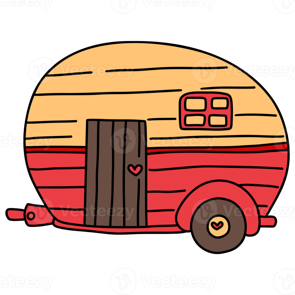 camping trailer, röd klassisk husbil skåpbil, hand dragen romantisk illustration för valentines dag png