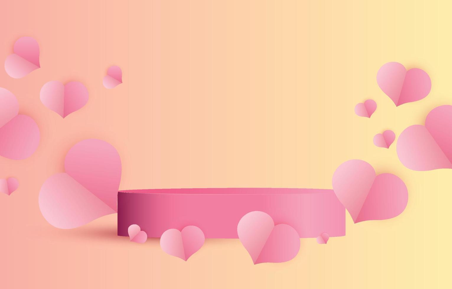 Valentine's day concept background. vector illustration podium decorated with free space. sweet and pink paper cut hearts with Round pedestal. Cute love sale banner or greeting card