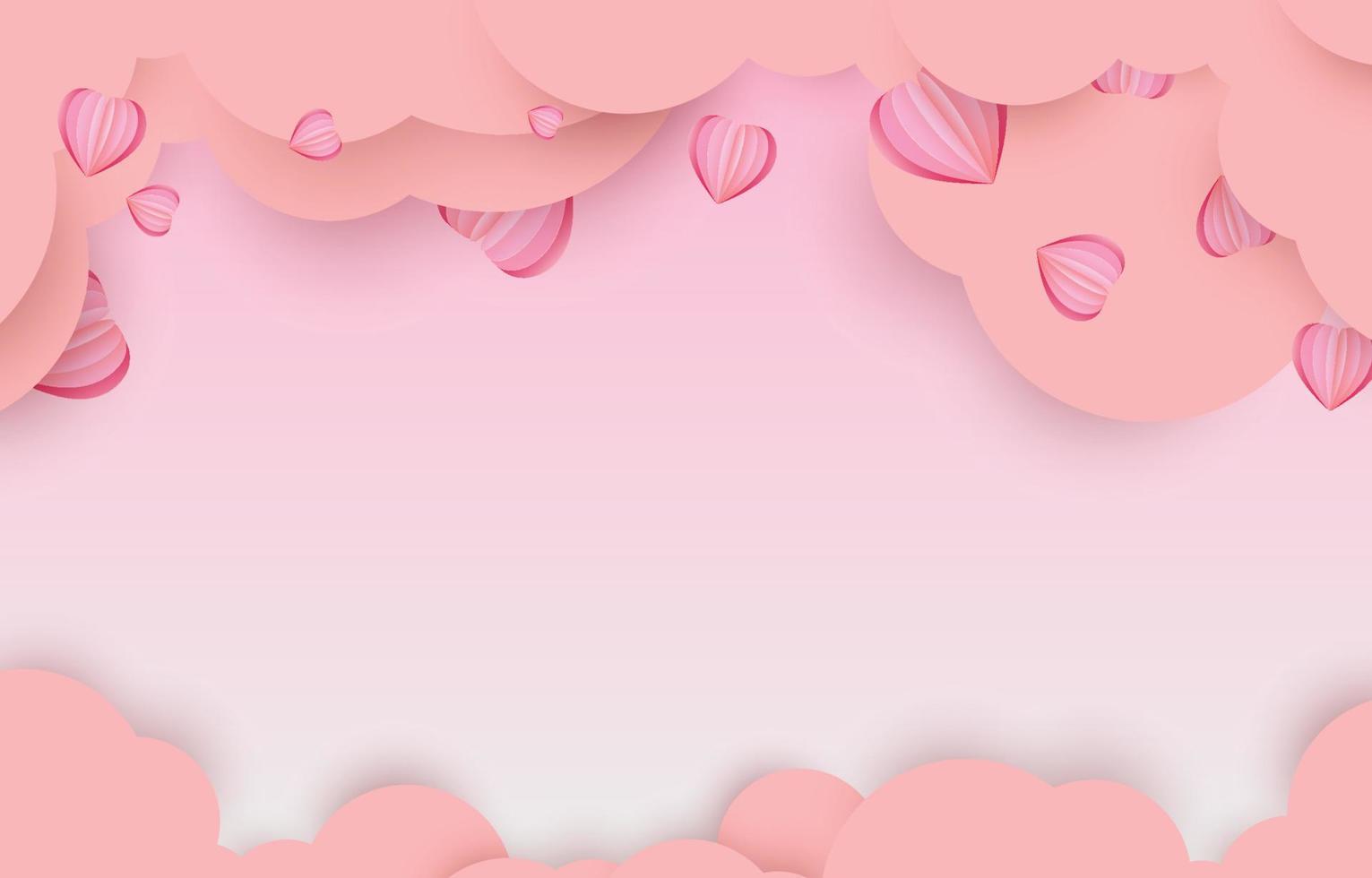 fondo del concepto del día de san valentín. marco de ilustración vectorial decorado con nubes. Corazones cortados en papel dulce y rosa con espacio de copia. linda pancarta de venta de amor o tarjeta de felicitación vector