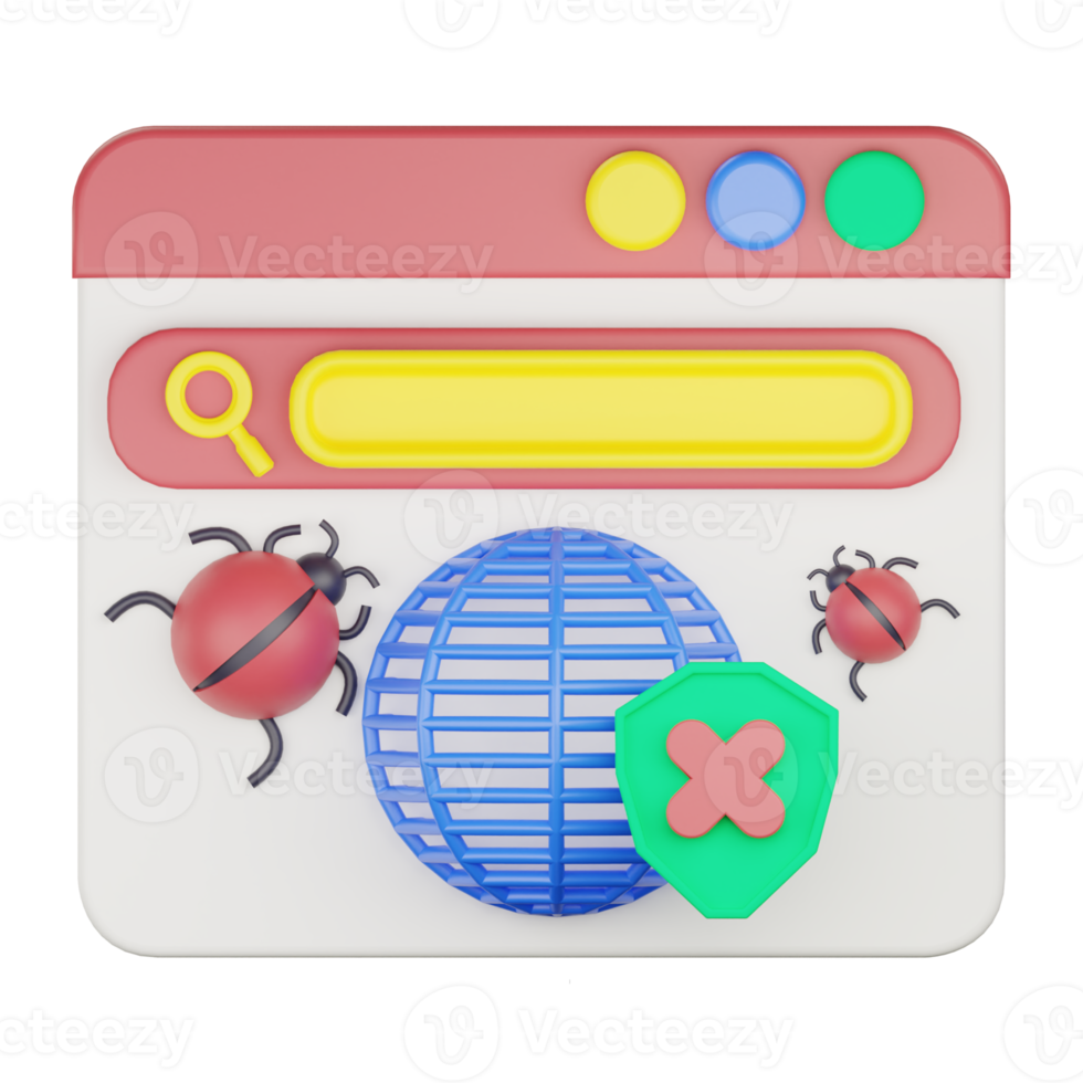 3d not secure website browser with bug icon illustration png