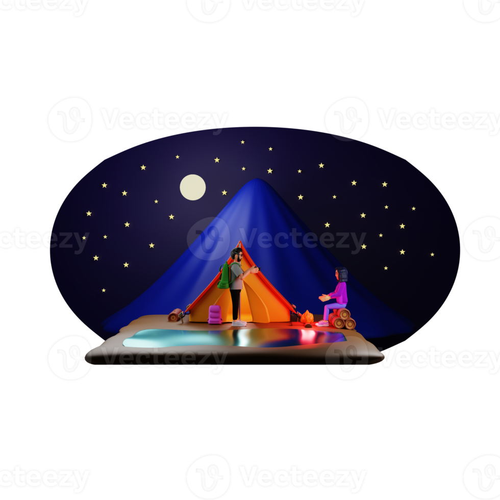 A Man And Woman Setting a Tent by Lake 3D Character Illustration png
