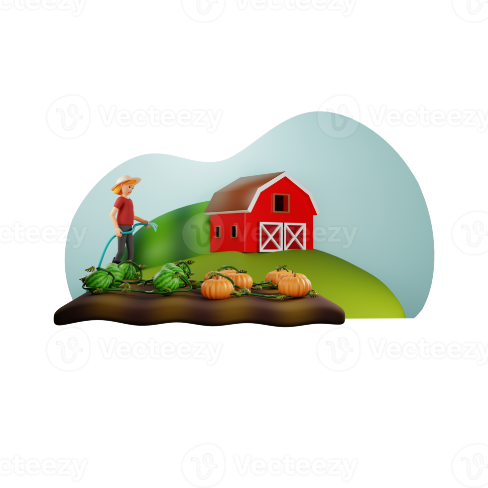 agricultrice arrosant des légumes, illustration de personnage 3d png