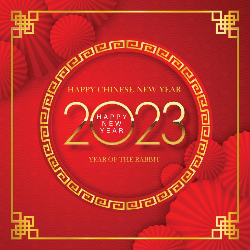 Happy Chinese New Year 2023, golden numbers on red background and fan. Chinese style, Chinese translation Chinese calendar for the rabbit of the year 2023 rabbit. vector