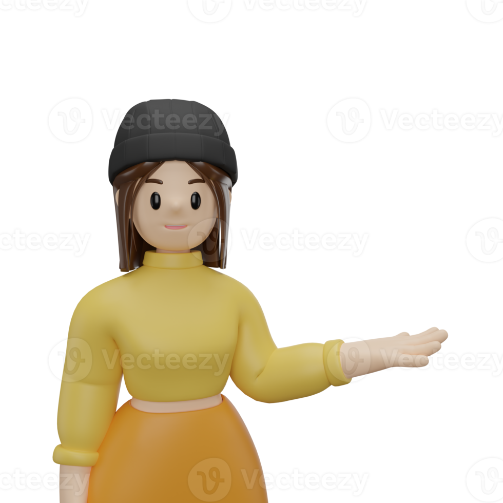 3D character women standing and pointing hand. closeup png