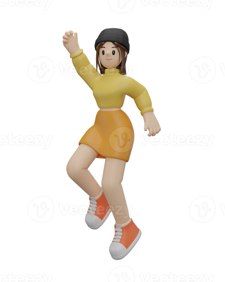 3D happy girl jumping png