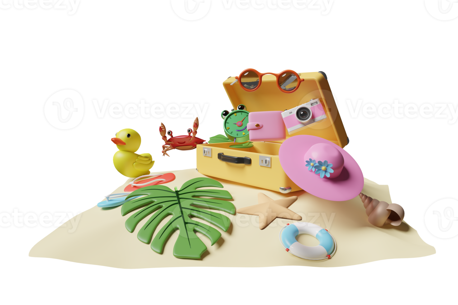summer travel with yellow suitcase, island, camera, alarm clock, duck, sandals, palm leaf, lifebuoy, sunglasses, hat, starfish, shellfish isolated. concept 3d illustration, 3d render png