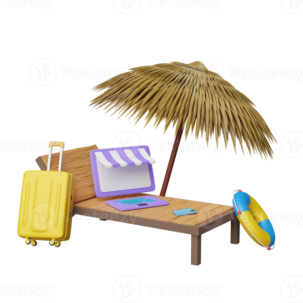 laptop computer toezicht houden op met op te slaan voorkant, strand stoel, palm blad, paraplu, reddingsboei, koffer geïsoleerd. online boodschappen doen zomer uitverkoop concept, 3d illustratie of 3d geven png