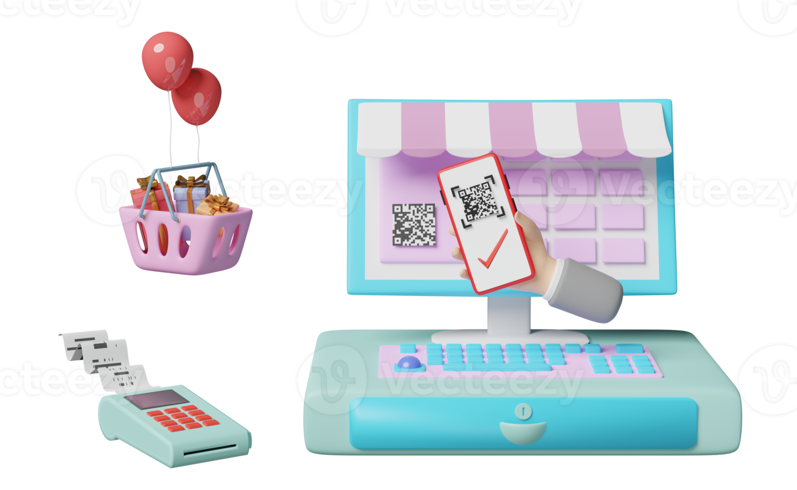hand holding mobile phone, smartphone with cash register machine, pos terminal, qr code scanner isolated. cashless payment , online shopping concept, 3d illustration, 3d render png