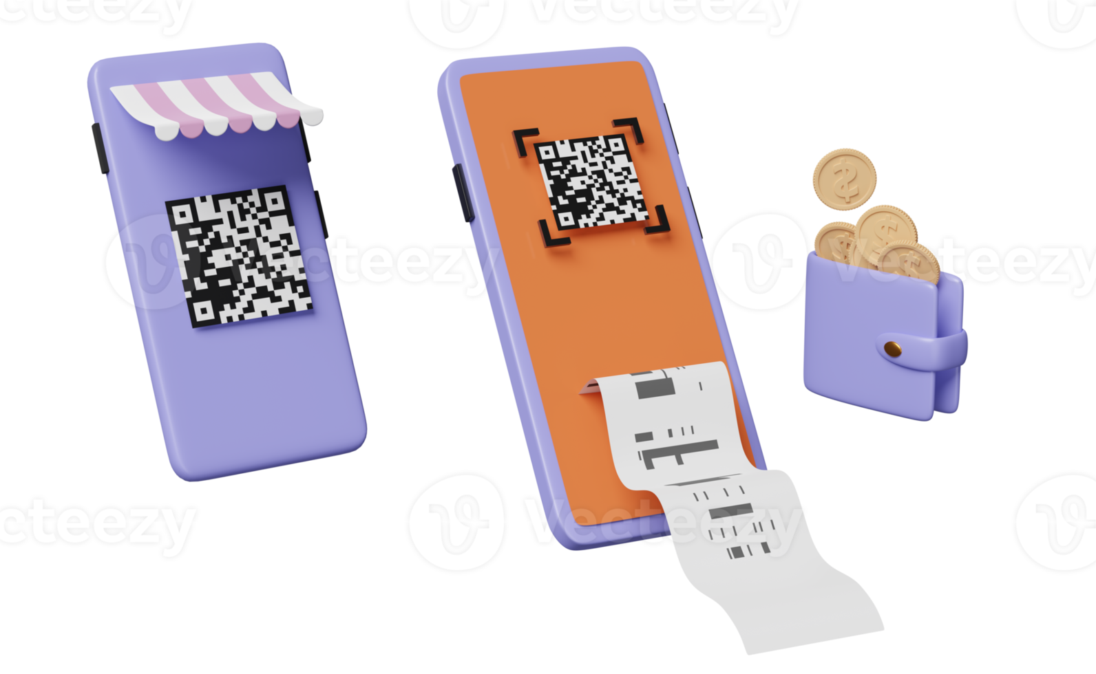 mobiel telefoon, smartphone met op te slaan voorkant, streepjescode, qr code scannen, portemonnee, munt, betaling elektronisch Bill geïsoleerd. online boodschappen doen concept, 3d illustratie, 3d geven png