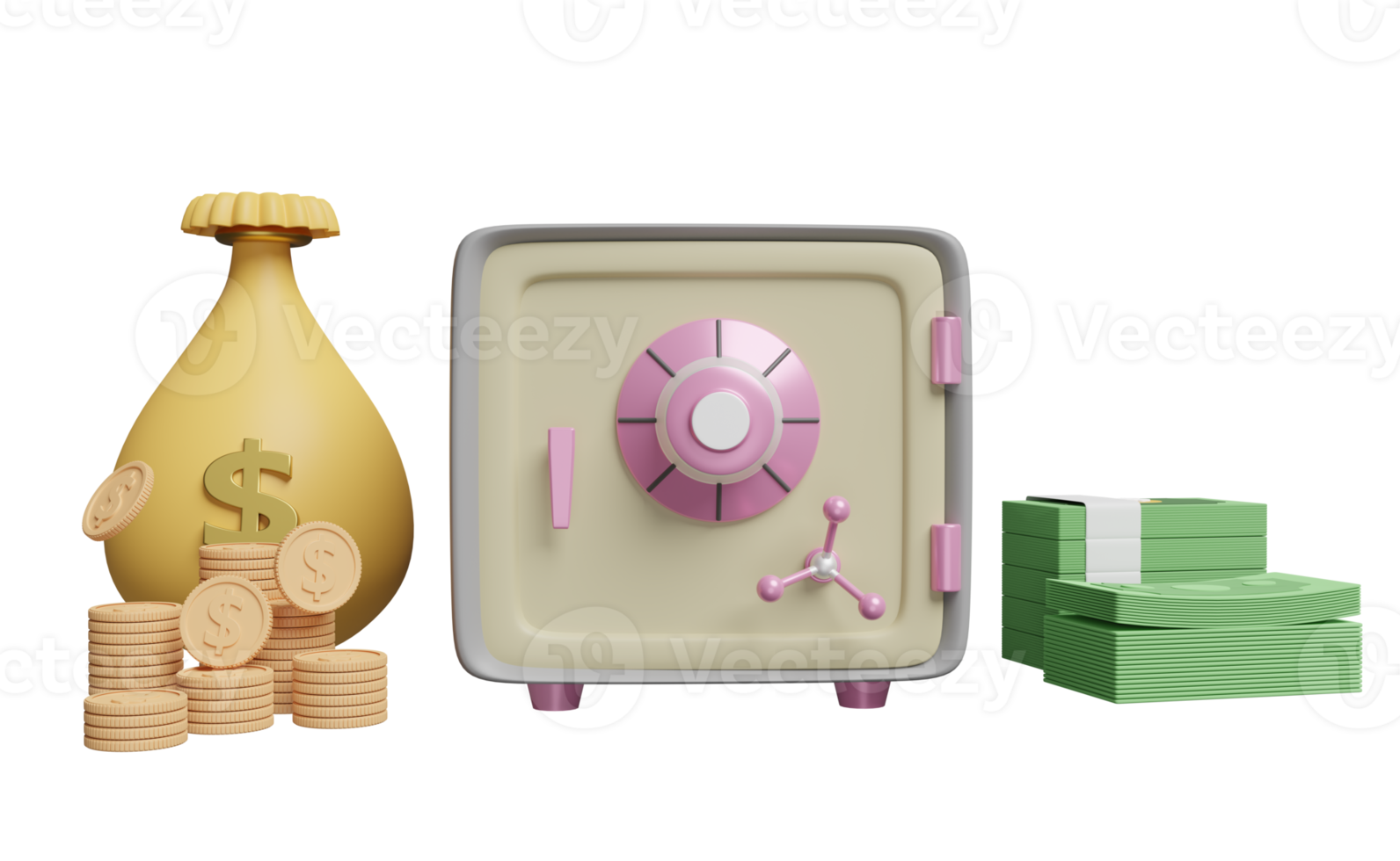 Safe box full of coins stack, banknote, bag money isolated. investment, saving money, business banking finance concept, 3d illustration or 3d render png