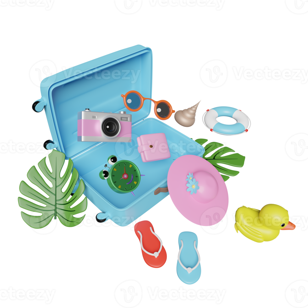summer travel with blue suitcase, sunglasses, hat, palm leaf, lifebuoy, sandals, starfish, space, sea water, shellfish, alarm clock isolated. concept 3d illustration, 3d render png
