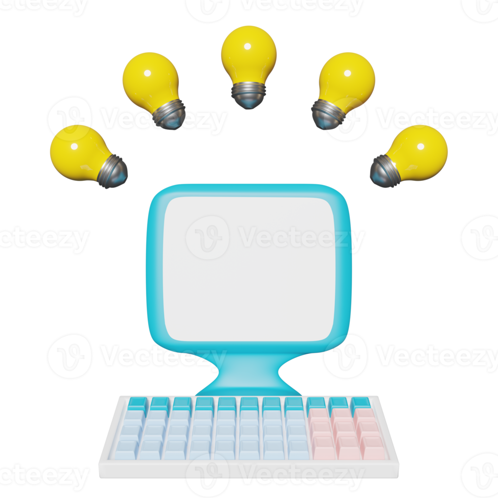 laptop computer monitor with yellow light bulb isolated, abstract background. idea tip concept, 3d illustration, 3d render png