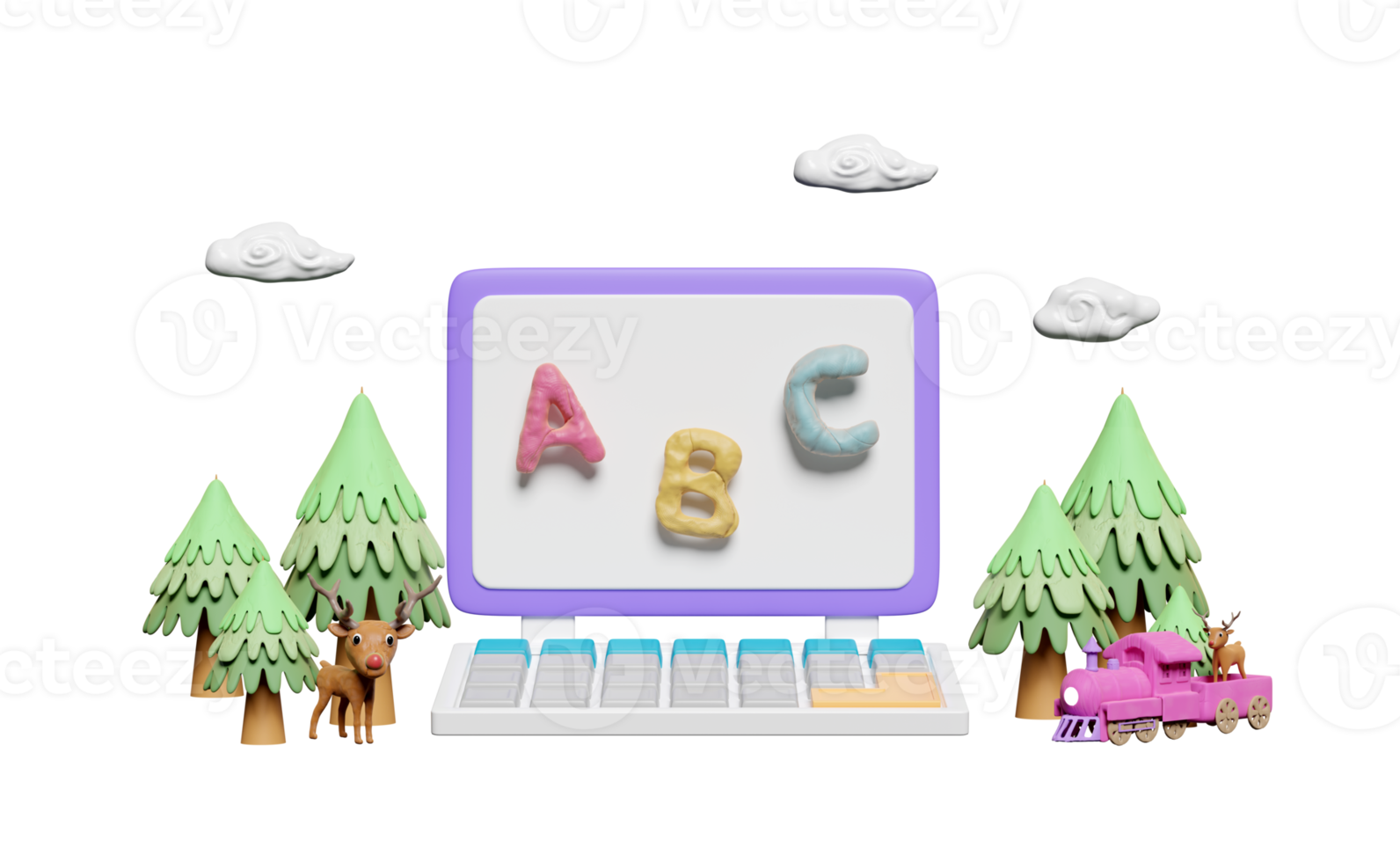 3d  laptop computer monitor with character ABC clay toy, deer, doe, fawn standing on pine forest from plasticine isolated. e learning concept, 3d render illustration png