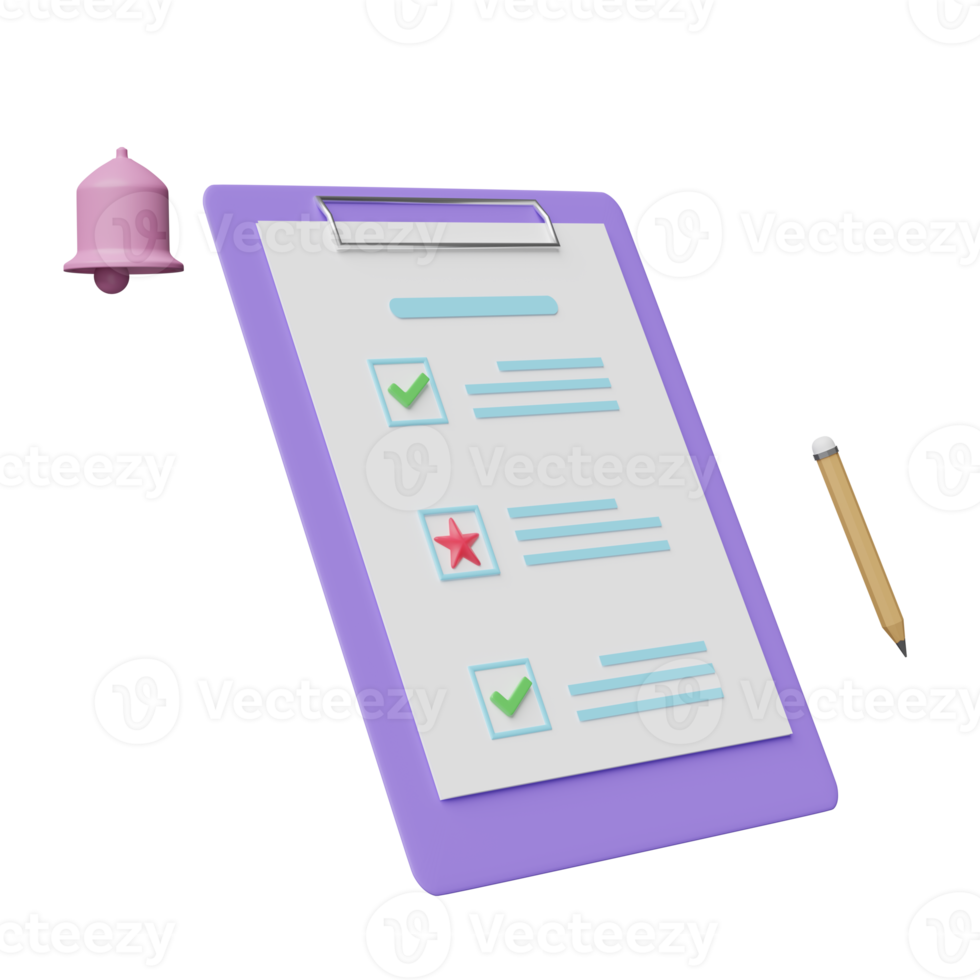 white clipboard checklist with check, notification bell isolated. Online marketing, business strategy concept, 3d illustration, 3d render png
