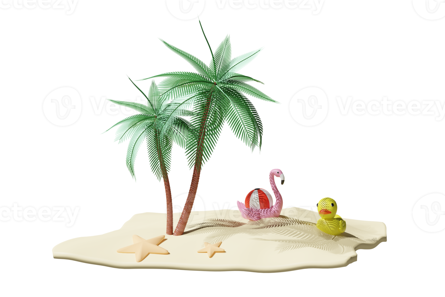 Beach with seaside, yellow duck, inflatable flamingo, ball, starfish isolated. summer travel concept, 3d illustration or 3d render png